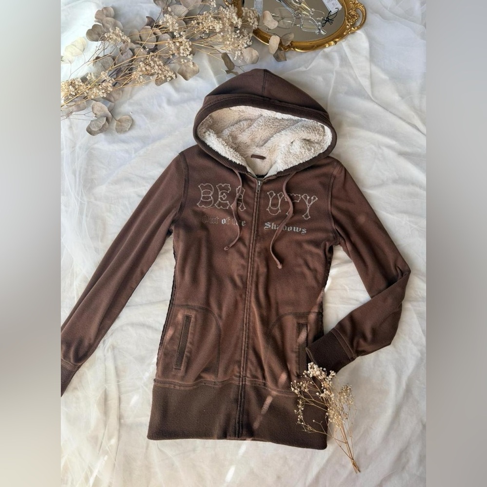 Y2K Brown Faux Fur Lined Hooded Zip Up